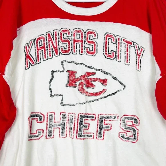 47 Brand Kansas City Chiefs Cropped Long Sleeve Colorblock Shirt Red White XL - Picture 5 of 16